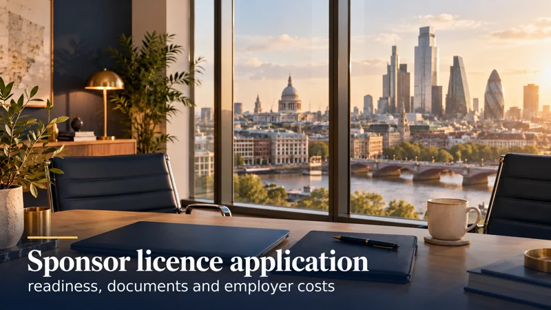 Sponsor licence application: readiness, documents and employer costs — a professional desk with a laptop and folder overlooking a city skyline