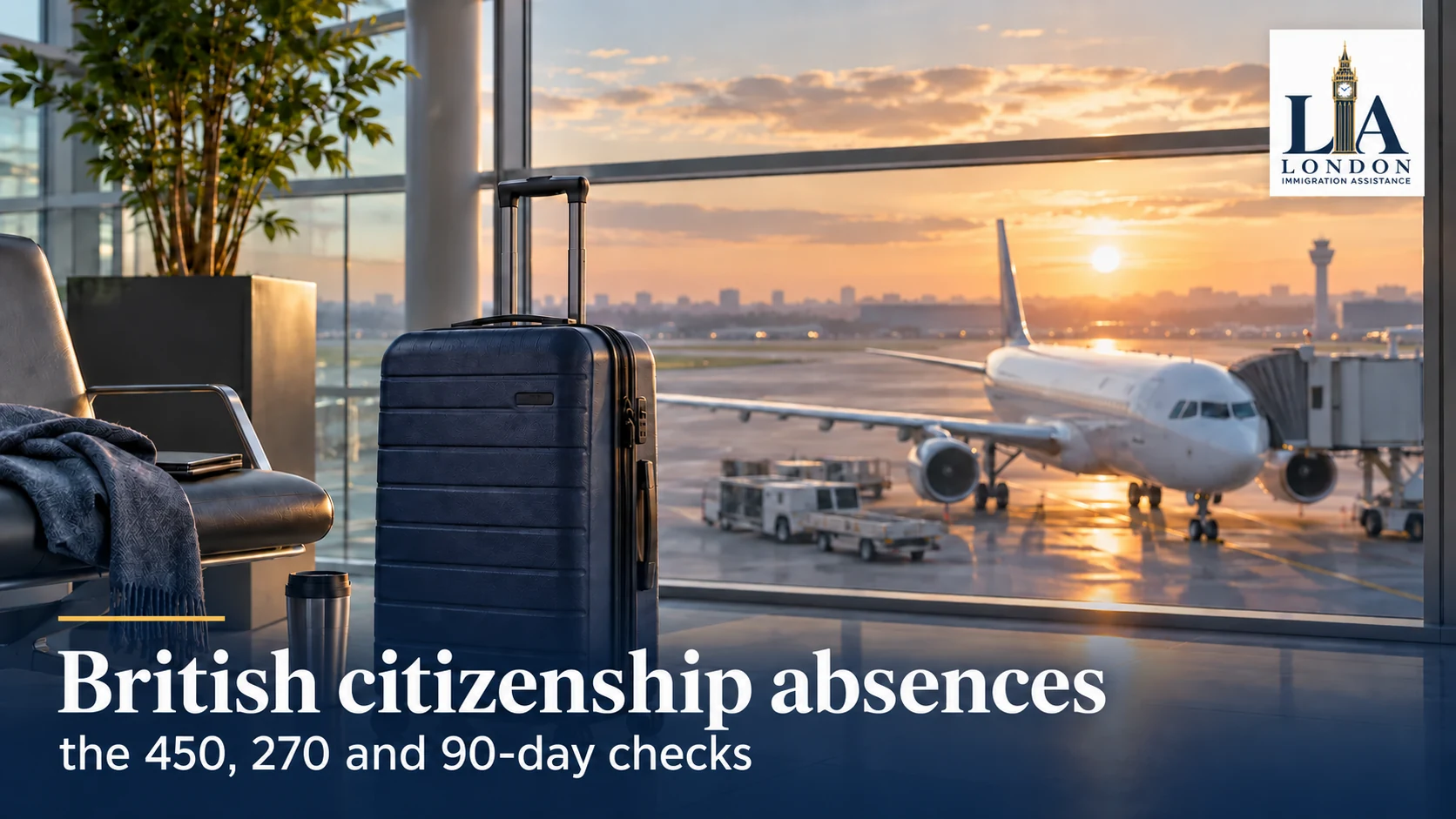 British citizenship absences: the 450, 270 and 90-day checks — a navy suitcase beside an airport window overlooking an aircraft; London Immigration Assistance company logo in the corner