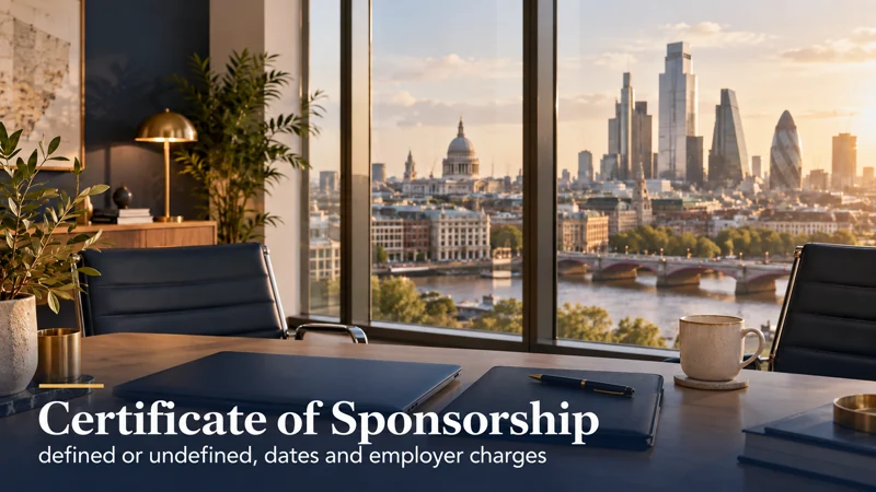 Certificate of Sponsorship: defined or undefined, dates and employer charges — a professional desk with a laptop and folder overlooking a city skyline