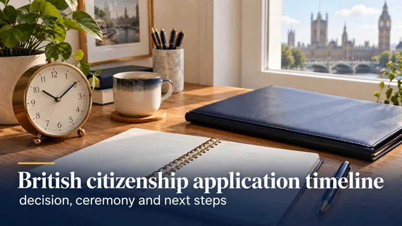 British citizenship application timeline: decision, ceremony and next steps — a desk clock, planner and document folder arranged for deadline planning