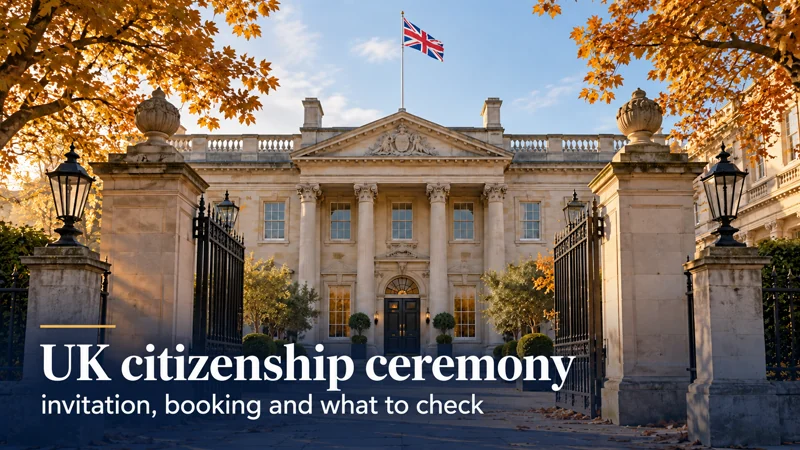 UK citizenship ceremony: invitation, booking and what to check — a british-style civic building with a union jack flag in autumn light