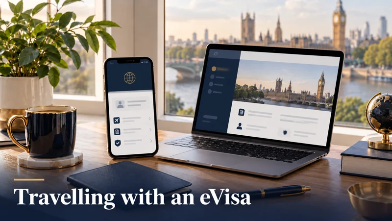 Travelling with an eVisa: your passport and UKVI account checklist — a smartphone and laptop beside a neutral document folder