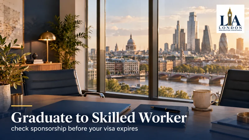 Graduate to Skilled Worker: check sponsorship before your visa expires — a professional desk with a laptop and folder overlooking a city skyline; London Immigration Assistance company logo in the corner
