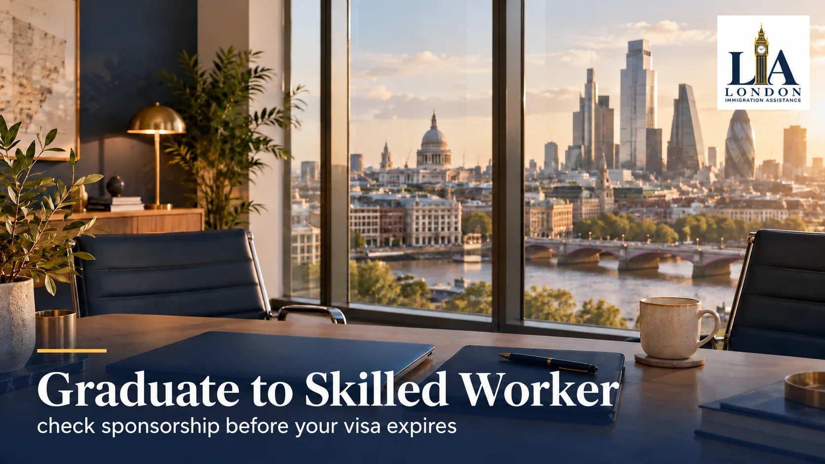 Graduate to Skilled Worker: check sponsorship before your visa expires — a professional desk with a laptop and folder overlooking a city skyline; London Immigration Assistance company logo in the corner