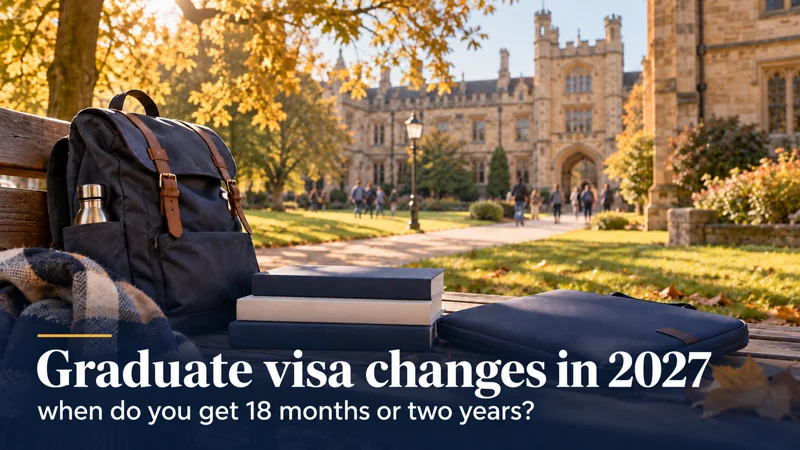 Graduate visa changes in 2027: when do you get 18 months or two years? — student books and a backpack on a bench at a british-style university