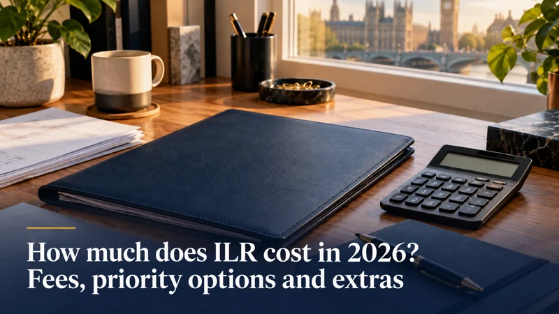 How much does ILR cost in 2026? Fees, priority options and extras — a calculator, navy folder and papers arranged for financial planning