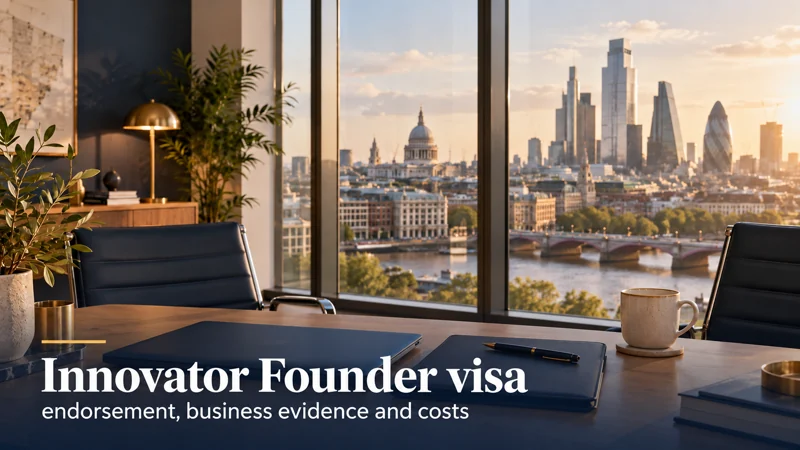 Innovator Founder visa: endorsement, business evidence and costs — a professional desk with a laptop and folder overlooking a city skyline