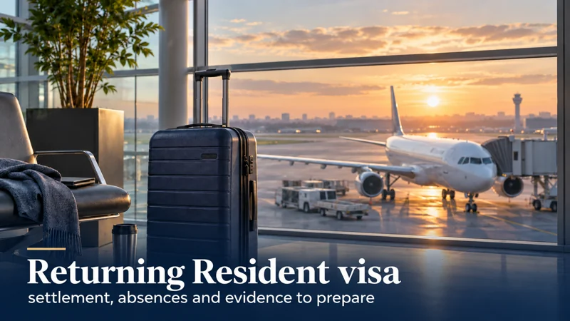 Returning Resident visa: settlement, absences and evidence to prepare — a navy suitcase beside an airport window overlooking an aircraft
