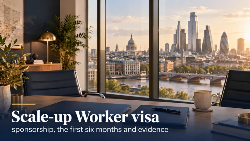 Scale-up Worker visa: sponsorship, the first six months and evidence — a professional desk with a laptop and folder overlooking a city skyline
