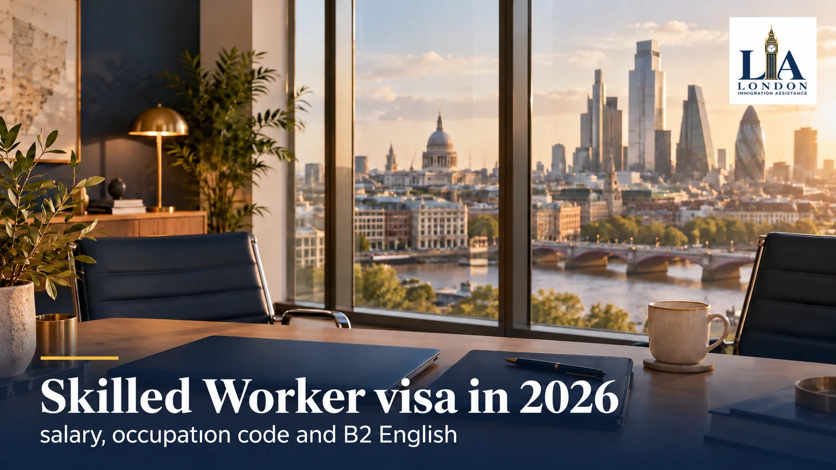 Skilled Worker visa in 2026: salary, occupation code and B2 English — a professional desk with a laptop and folder overlooking a city skyline; London Immigration Assistance company logo in the corner