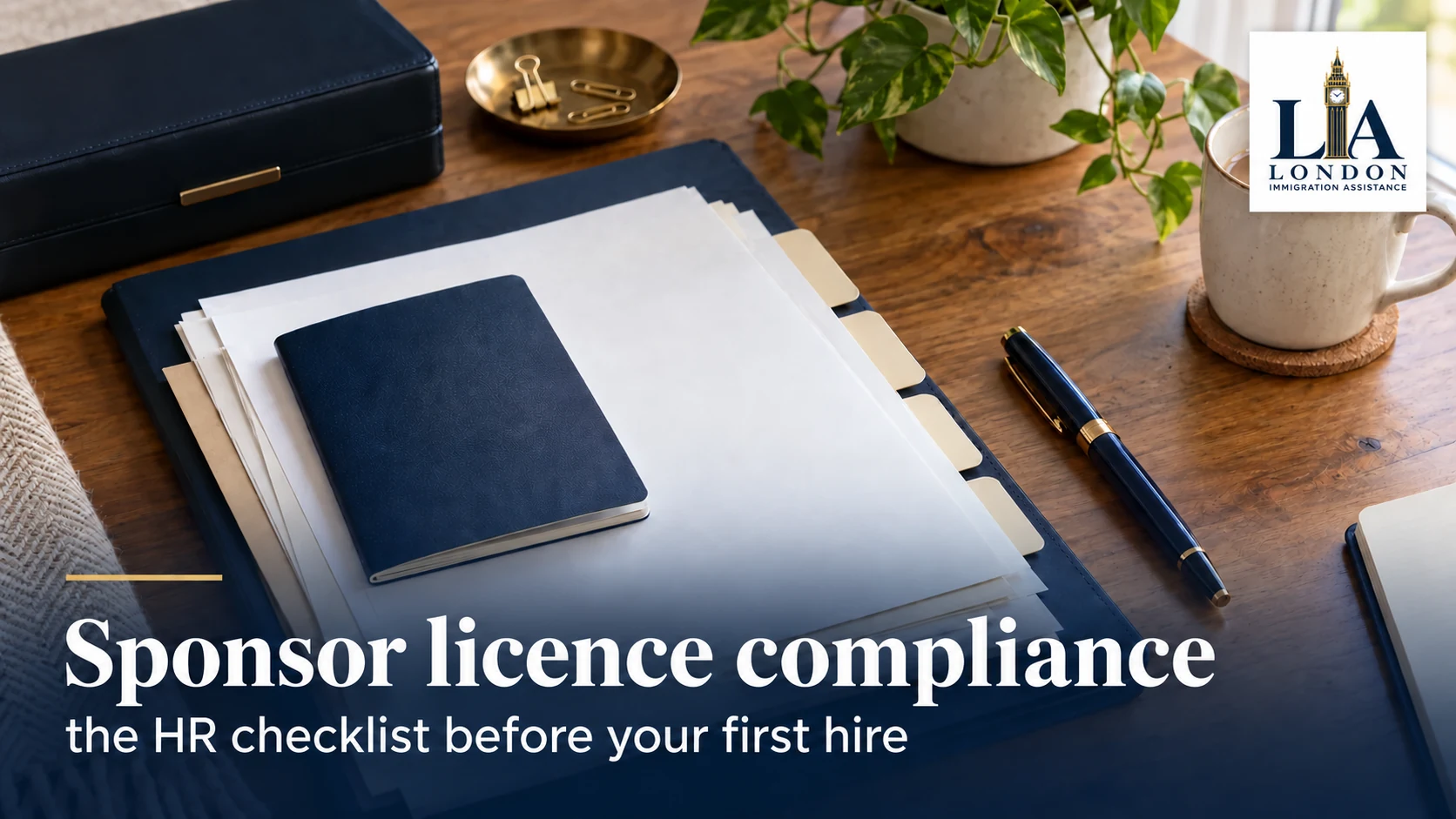 Sponsor licence compliance: the HR checklist before your first hire — a neutral booklet and organised papers in a navy document folder; London Immigration Assistance company logo in the corner