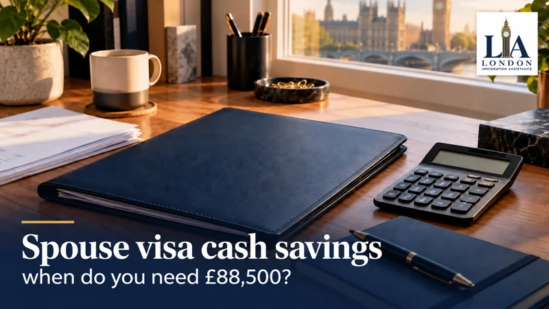 Spouse visa cash savings: when do you need £88,500? — a calculator, navy folder and papers arranged for financial planning; London Immigration Assistance company logo in the corner