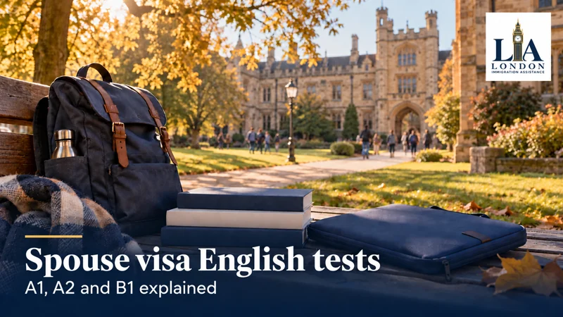 Spouse visa English tests: A1, A2 and B1 explained — student books and a backpack on a bench at a british-style university; London Immigration Assistance company logo in the corner