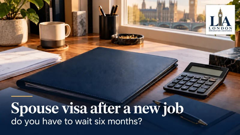 Spouse visa after a new job: do you have to wait six months? — a calculator, navy folder and papers arranged for financial planning; London Immigration Assistance company logo in the corner