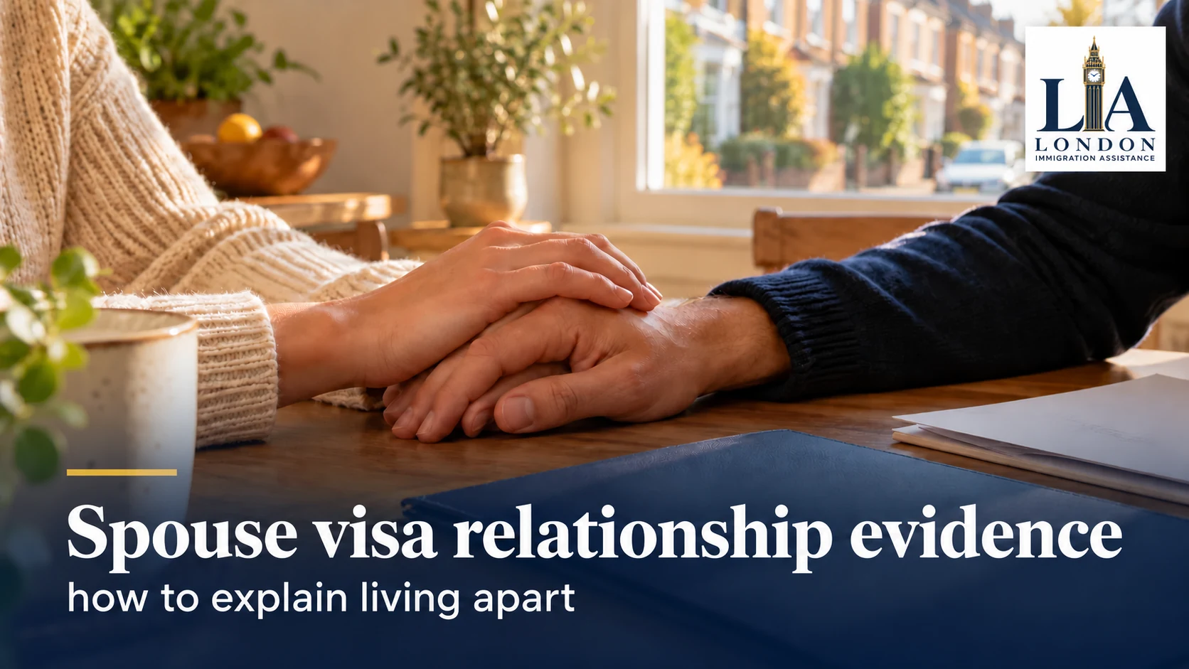 Spouse visa relationship evidence: how to explain living apart — a couple holding hands beside organised documents in a welcoming home; London Immigration Assistance company logo in the corner