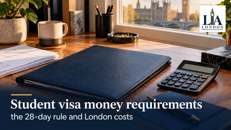 Student visa money requirements: the 28-day rule and London costs — a calculator, navy folder and papers arranged for financial planning; London Immigration Assistance company logo in the corner