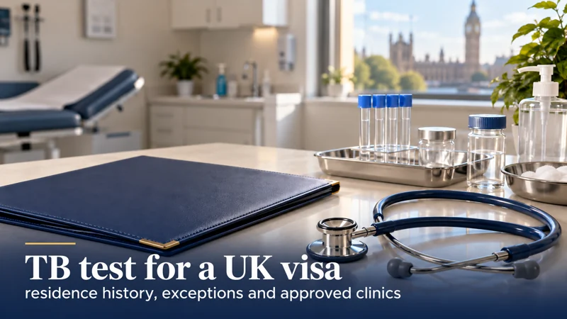 TB test for a UK visa: residence history, exceptions and approved clinics — a stethoscope and neutral document folder in a clinical setting