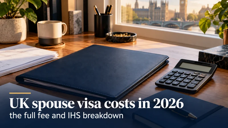 UK spouse visa costs in 2026: the full fee and IHS breakdown — a calculator, navy folder and papers arranged for financial planning