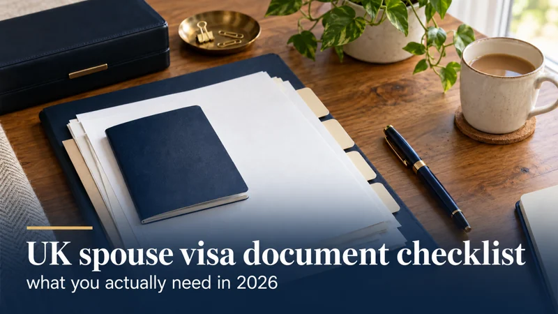 UK spouse visa document checklist: what you actually need in 2026 — a neutral booklet and organised papers in a navy document folder