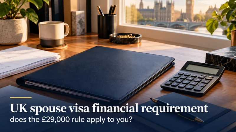 UK spouse visa financial requirement: does the £29,000 rule apply to you? — a calculator, navy folder and papers arranged for financial planning