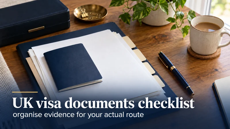 UK visa documents checklist: organise evidence for your actual route — a neutral booklet and organised papers in a navy document folder