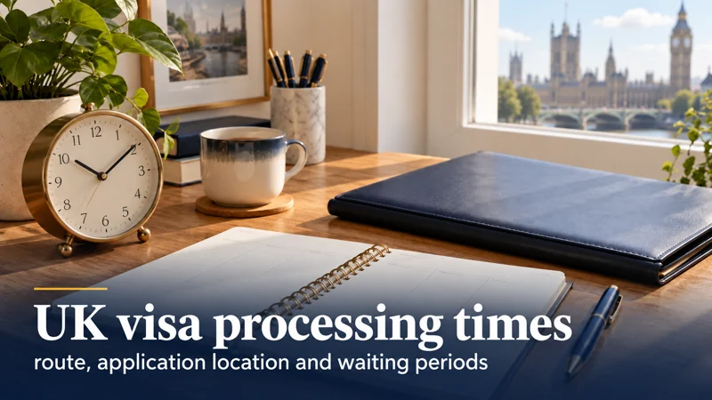 UK visa processing times: route, application location and waiting periods — a desk clock, planner and document folder arranged for deadline planning