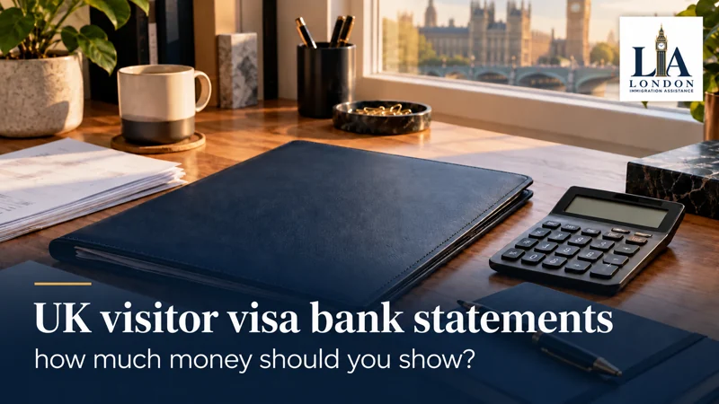 UK visitor visa bank statements: how much money should you show? — a calculator, navy folder and papers arranged for financial planning; London Immigration Assistance company logo in the corner