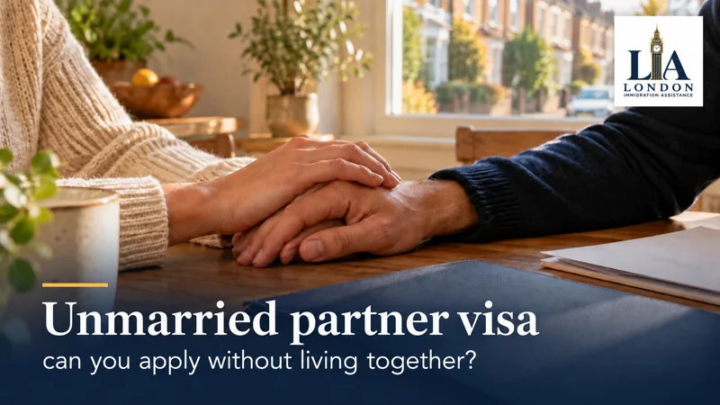 Unmarried partner visa: can you apply without living together? — a couple holding hands beside organised documents in a welcoming home; London Immigration Assistance company logo in the corner